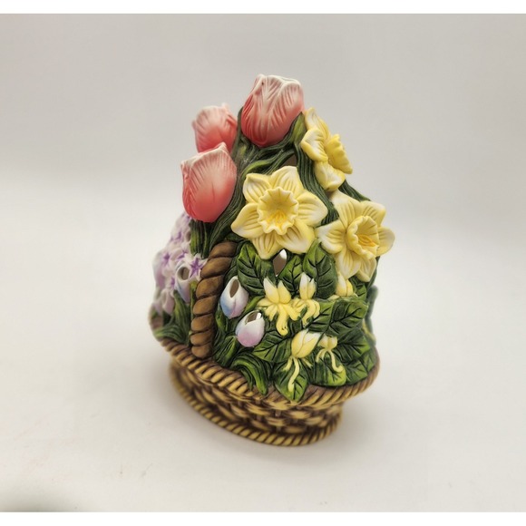 Vintage PartyLite Floral Garden Basket Ceramic Candle Holder Tulips Daffodils - Picture 3 of 10